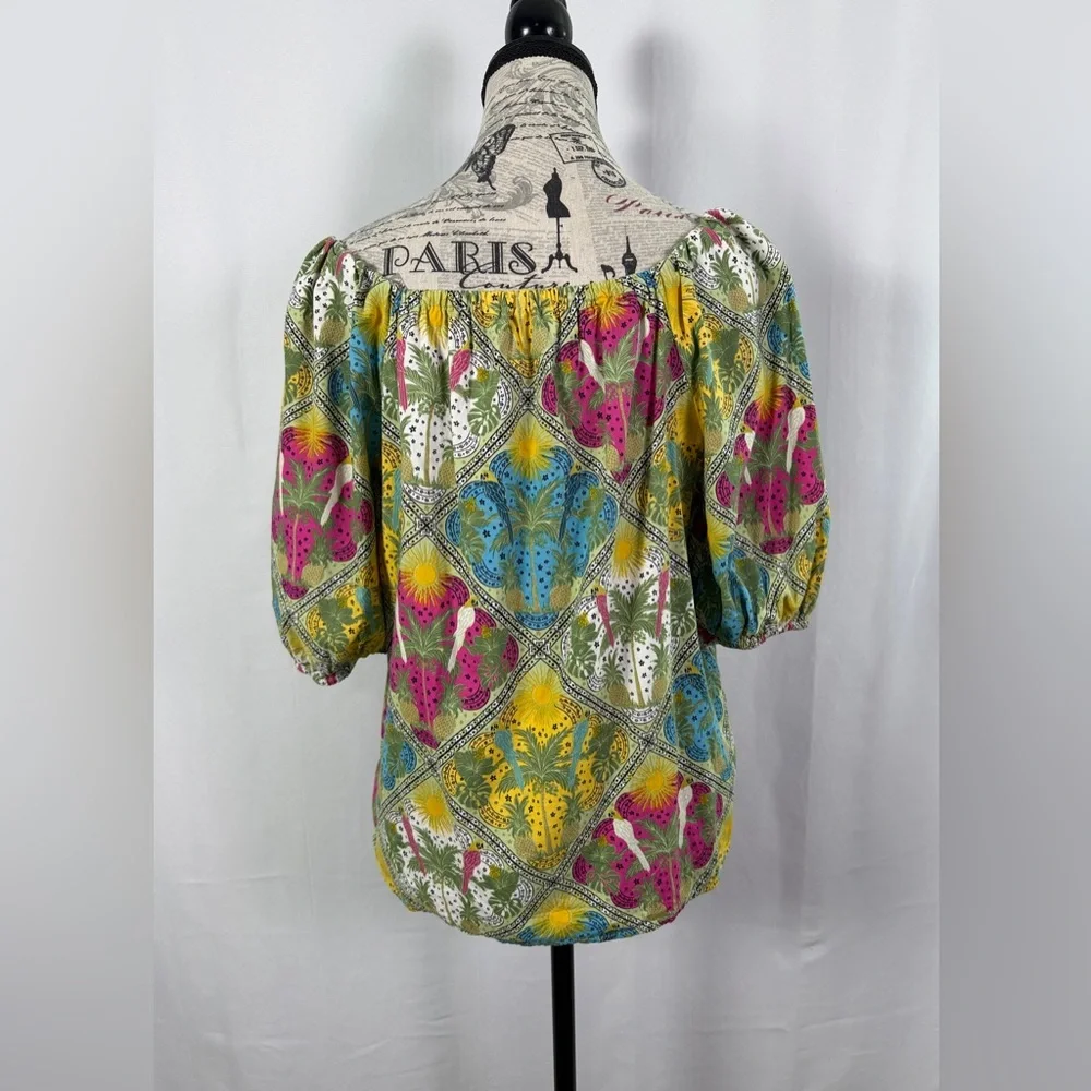 LOFT Tropical Floral Print Blouse Women’s M Boho Puff Sleeve Cotton Blend Top